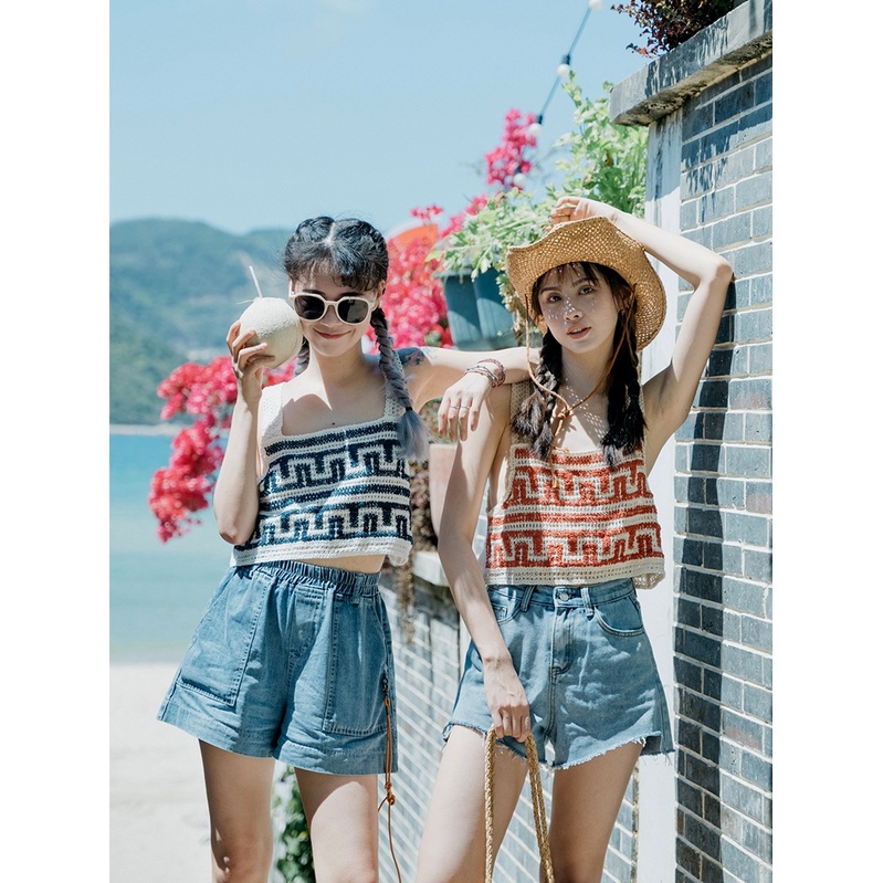 [Augustcloth] Áo hai dây lưới đi biển phong cách Hàn Quốc