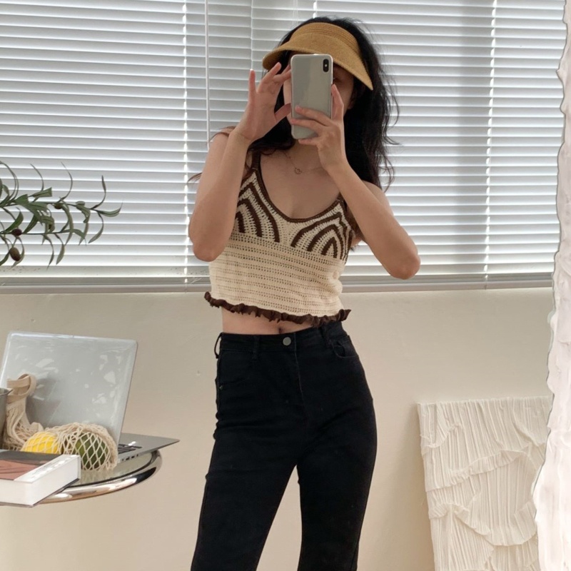 Áo Croptop Dệt Kim Hai Dây Kẻ Sọc Kiểu Vintage Đường Phố Hàn Quốc Thời Trang Mùa Hè Cho Bạn Gái