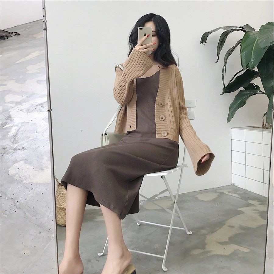 Spring and autumn new Korean women's clothing short solid languid style with knitted cardigan sweater and flared sleeve jacket