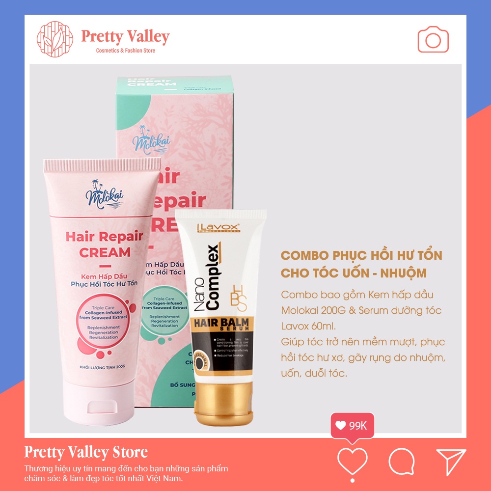 Combo hấp dầu và serum phục hồi cho tóc nhuộm (1 Kem Hấp Dầu Molokai + 1 Serum dưỡng tóc Lavox) - Pretty Valley Store