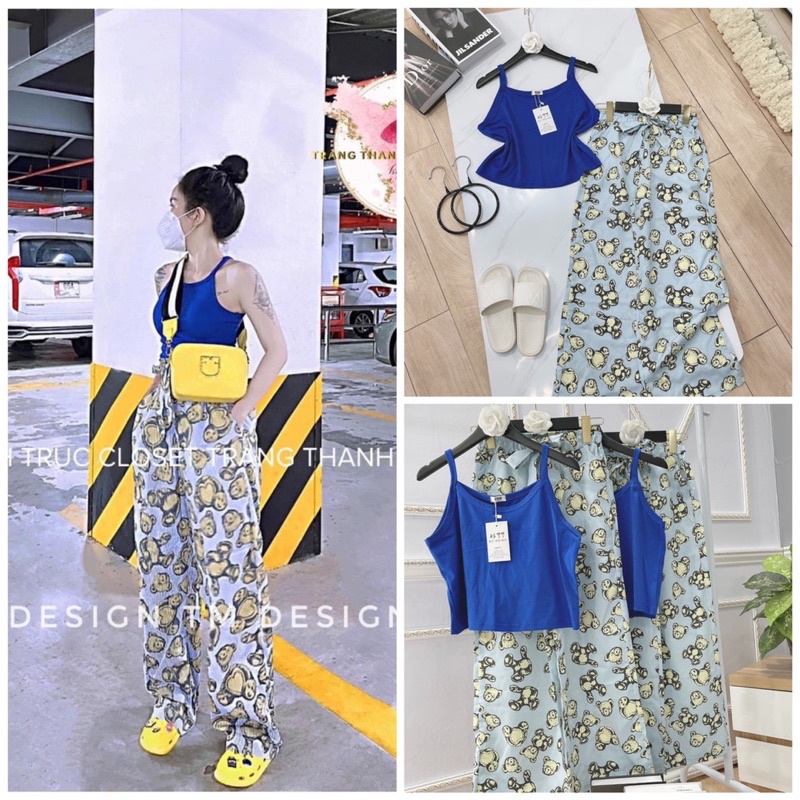 Set áo ba lỗ cotton mix quần lụa ống rộng màu xanh coban Áo 2 dây quần xớ suông hoạ tiết gấu