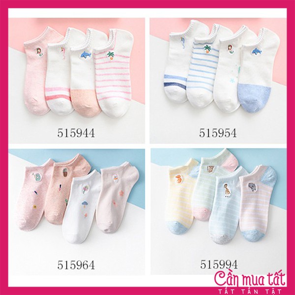 Tất Caramella nữ 4 đôi cao cấp, vớ nữ cổ ngắn caramella kèm túi zip nhiều chủ đề