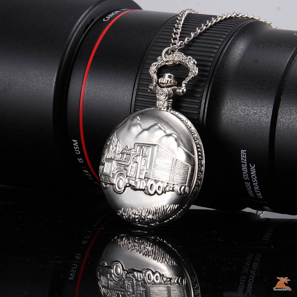 #Đồng hồ bỏ túi# 1pc Men Women Quartz Pocket Watch Silver Truck Carved Case with Chain