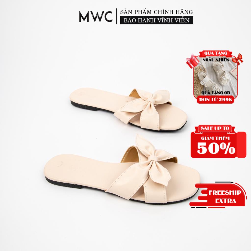 Dép Nữ MWC Đế Bệt Quai Chéo Đính Nơ Xinh Xắn NUDE- 8089