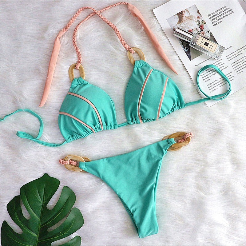 [BKN900] &lt;ÂU&gt; SET BIKINI MIX KHUY VÂN ĐÁ XANH MINT/ĐEN QUẦN THONG/LỌT KHE