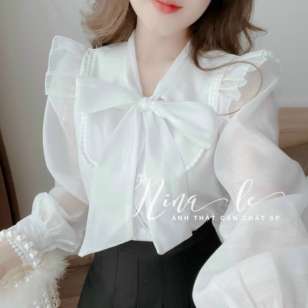 Áo sơ mi nữ cổ nơ vai bèo