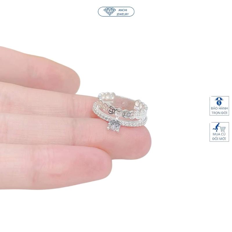 Nhẫn kim tiền 2 vòng đính đá, chuẩn bạc ta nguyên chất cho nữ, Anchi jewelry