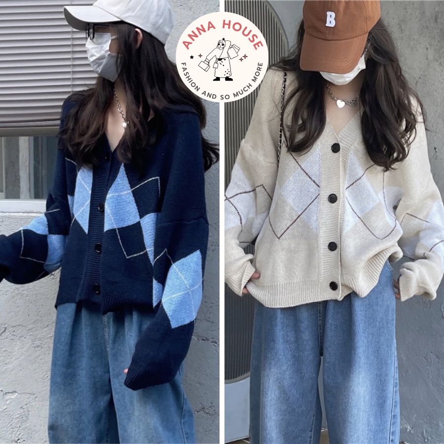 Áo khoác cardigan len nữ  form rộng Quảng Châu nhiều mẫu, Áo khoác mùa đông Cadigan len kẻ ô quả trám dày dặn dáng rộng