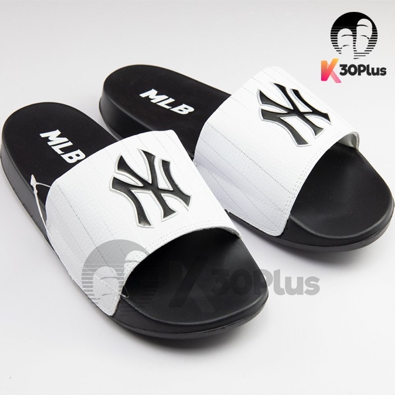 Dép MLB Quai Ngang logo Ny In trắng, đen