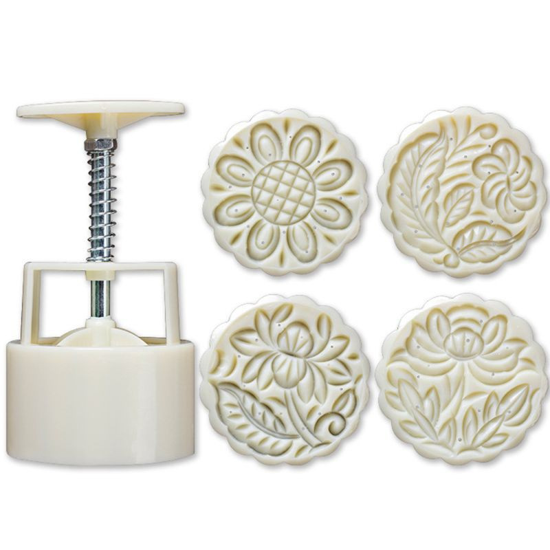 be❀  4pcs Hand Press Cookie Stamp Moon Cake Decor Barrel Mooncake Mold 125g Pastry DIY Tool