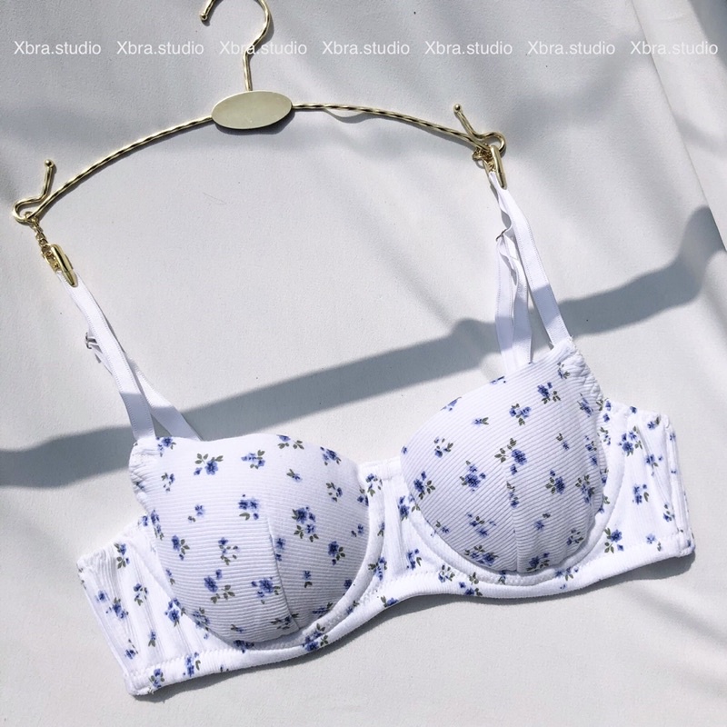 Bộ đồ lót, áo lót có gọng mút mỏng hoa nhí xanh