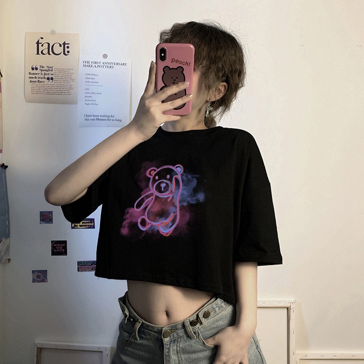 Áo croptop form rộng tay lỡ, Áo thun croptop nữ form rộng in hình gấu ulzzang Hàn Quốc C69 - Maoshop