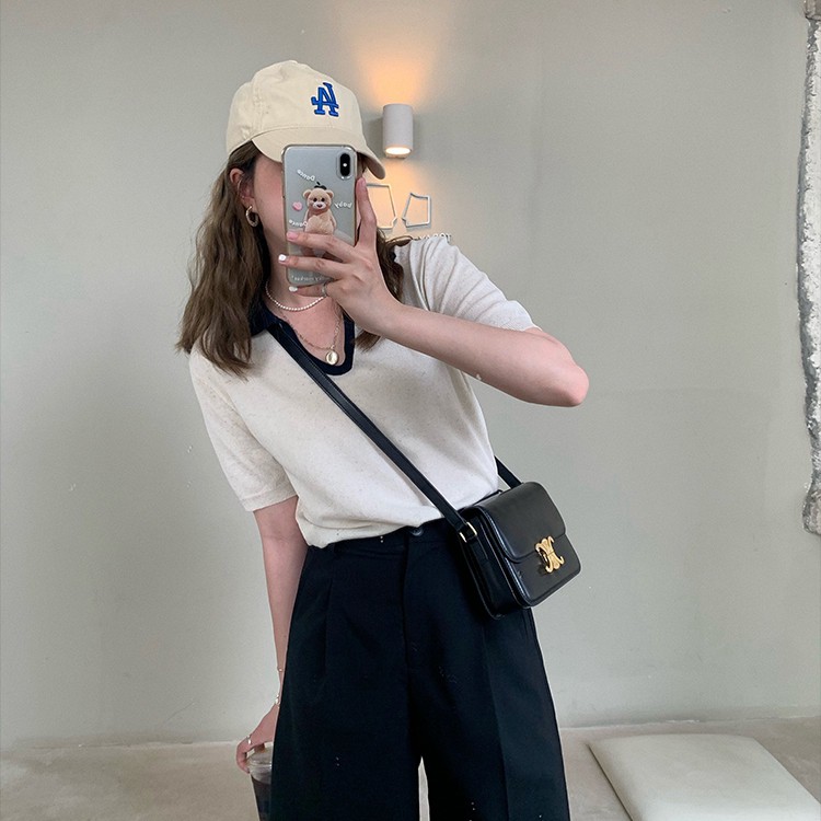 Xiaozhainv áo polo Dệt Kim Tay Ngắn Phong Cách Retro Hàn Quốc Thời Trang Cho Nữ 2 Màu Lựa Chọn