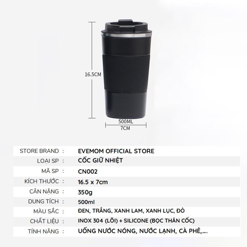 Cốc giữ nhiệt, Ly giữ nhiệt uống cafe, thân ly đệm silicon - chất liệu Inox cao cấp, dung tích 510ml