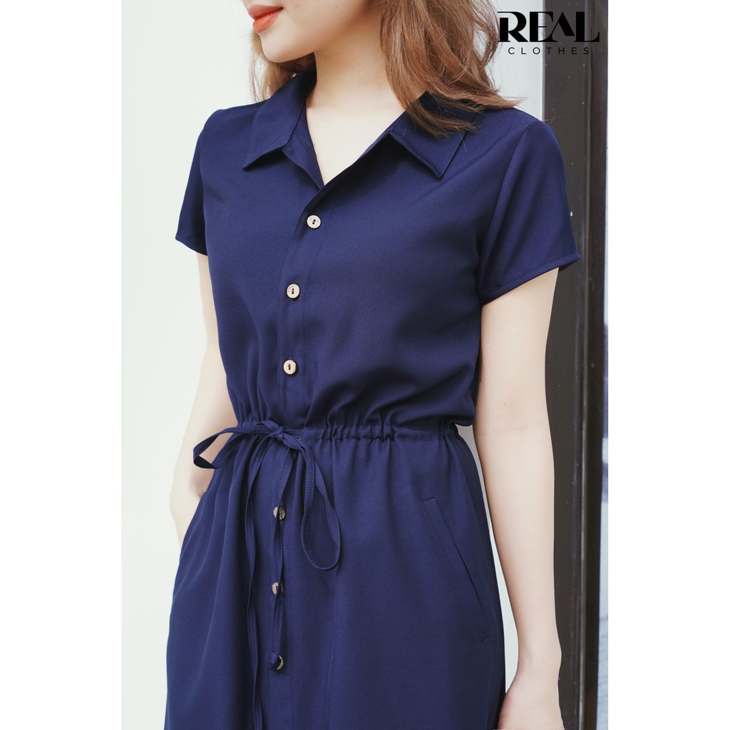 Đầm sơ mi rút dây xanh navy_REAL