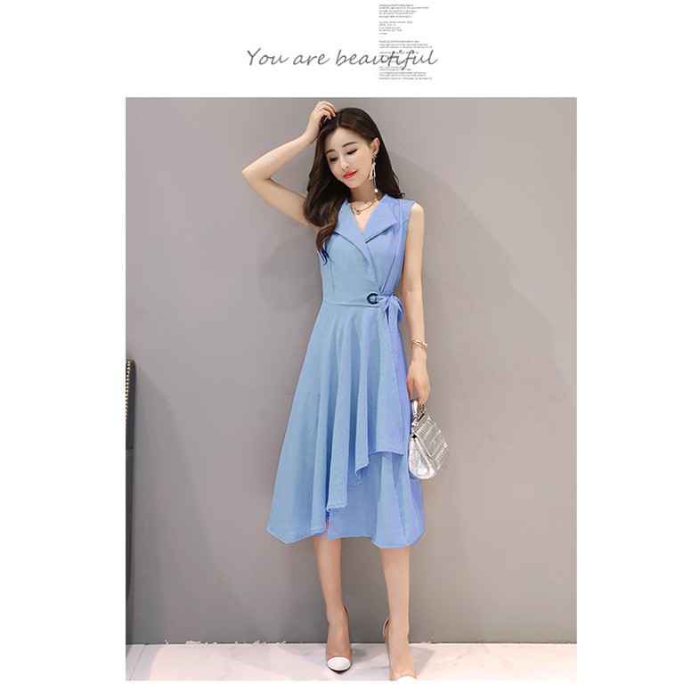 Đầm nữ đầm dự tiệc dáng xoè váy cao cấp sát nách phối dây nơ eo màu xanh và màu cam | BigBuy360 - bigbuy360.vn