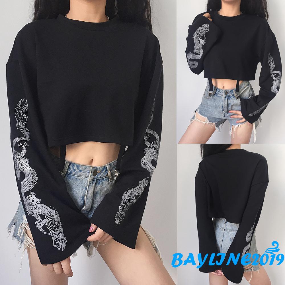 Áo Croptop Tay Dài Cổ Tròn Thiết Kế Đơn Giản Hợp Thời Trang