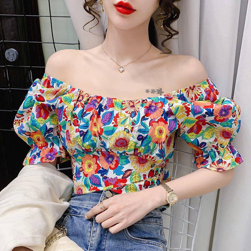 Áo Trễ Vai Họa Tiết Hoa Thắt Nơ Phong Cách Retro Quyến Rũ Cho Nữ