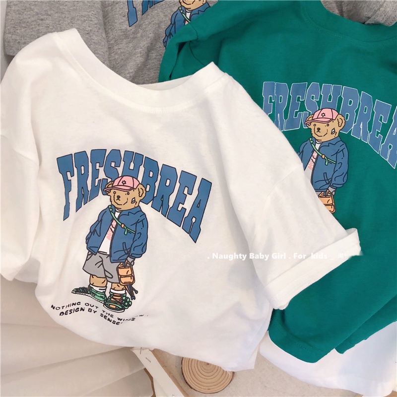 MNGRL Áo Thun Tay Ngắn Cotton In Thoải Mái Mềm Mát Hàn Quốc Mùa Hè Cho Bé Trai