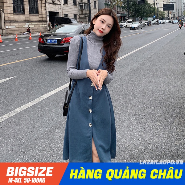 BIGSIZE Nữ (45-100kg) BIGSIZE(50-100KG) Set Bộ đồ nữ - Áo sweater len trơn cổ lọ dài tay + Váy yếm màu sắc nhã nhặn dành cho nữ mùa thu - Phong cách Hàn Quốc - quảng châu cao cấp