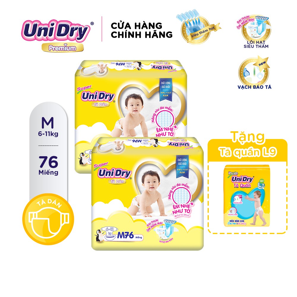 (Tặng 1 gói tã quần size L9) Combo 2 tã dán Unidry gói Super Jumbo size M (76 miếng)