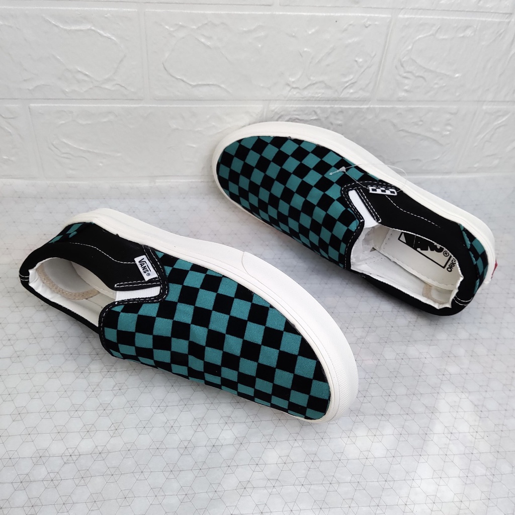 Giày Thể Thao Van Slipon Caro Xanh Đen, Giày Lười Caro Xanh Đen Nam Nữ Fullbox