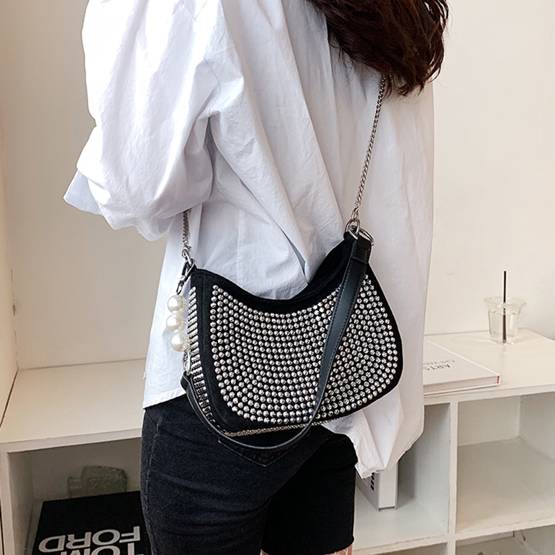 Túi đeo vai IELGY đính kim cương sáng phối chuỗi hợp xu hướng phóng khoáng thiết kế kiểu Pháp cho nữ