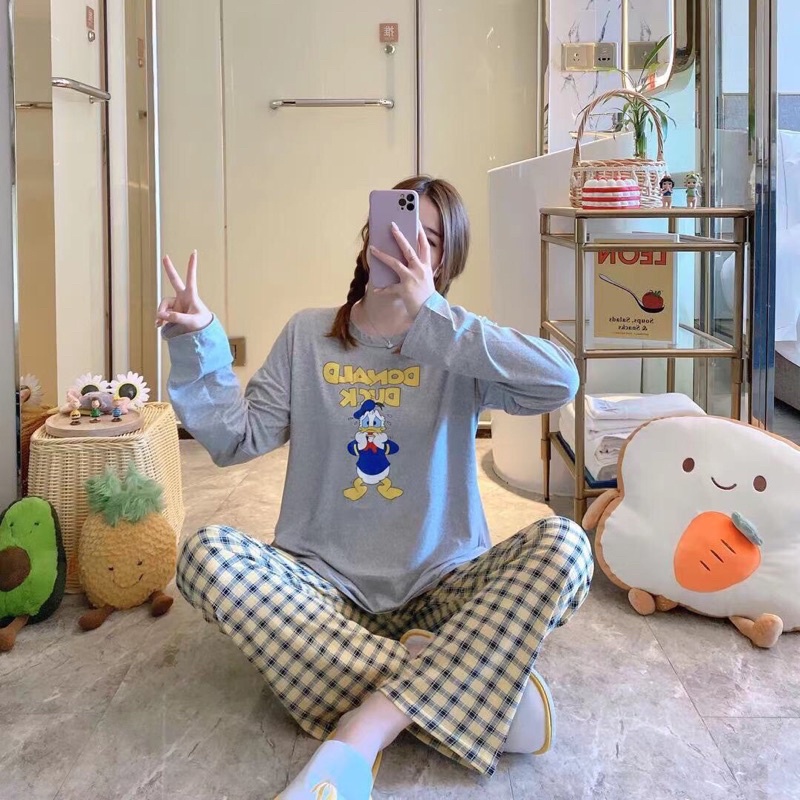 Đồ bộ thun tay dài Quảng Châu, pijama quần dài, đồ mặc ở nhà họa tiết hoạt hình dễ thương, bộ mặc nhà tặng kèm túi