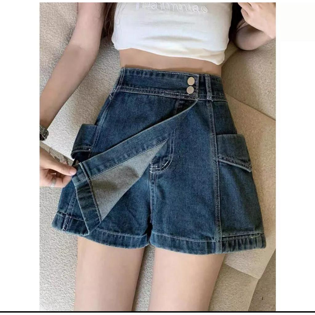 Chân váy chữ a đắp chéo 2 nút lưng cao Cun Fashion, Quần giả váy lệch tà jean cotton mẫu mới cực tôn dáng C7u01