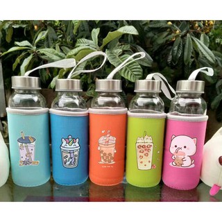 Bình nước trà sữa thuỷ tinh có dây xách BNVI26 chai nước boba tea hoạt hình bọc vải cute dễ thương 350ml