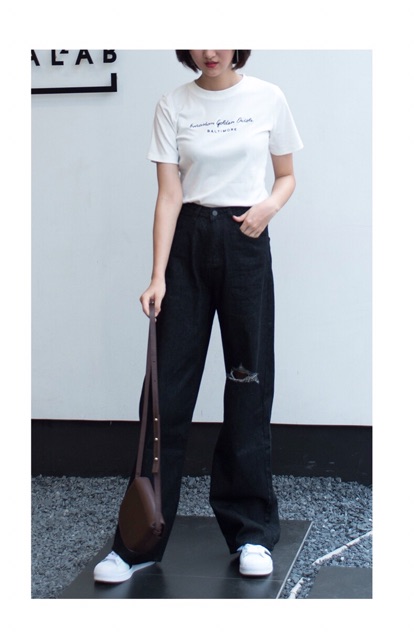 Quần Dài Jeans Suông Lưng Cao Qua Rốn BigSize / Quần Suông Ống Rộng ĐEN TRƠN/RÁCH 1 Gối- Không Giãn | BigBuy360 - bigbuy360.vn