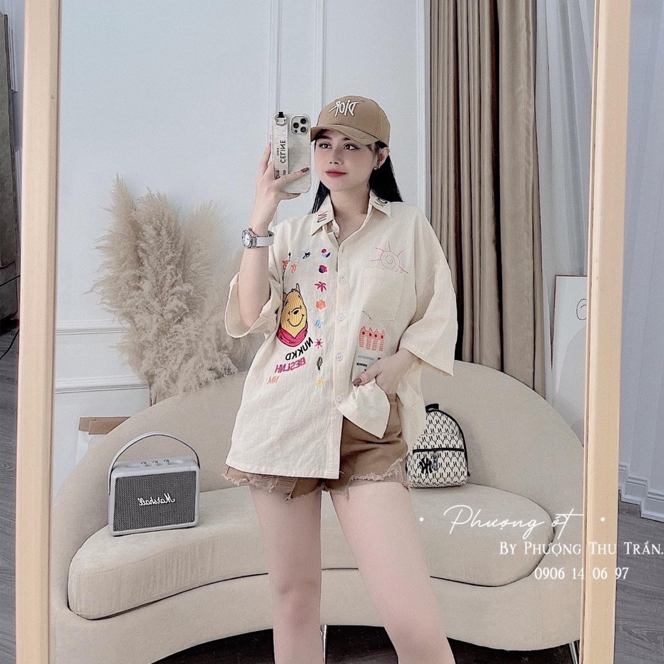 [Hàng cao cấp] Sơ mi nữ cổ đức thêu họa tiết gấu cá tính - MYAN Store CD048