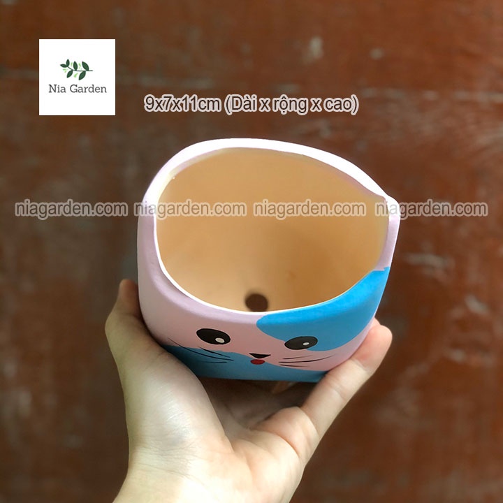 Chậu gấu trúc mèo đất nung trồng cây để bàn sen đá xương rồng mini Nia Garden N4