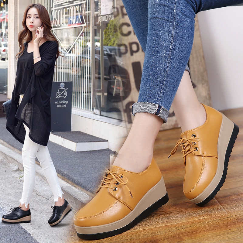 Giày da đế xuồng thiết kế thắt dây phong cách Anh Quốc dễ phối đồ thời trang thu đông dành cho học sinh