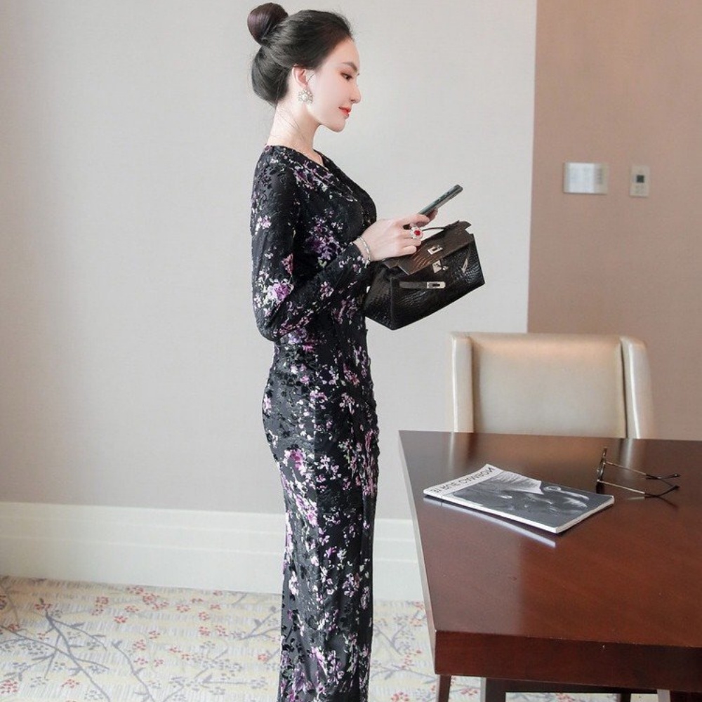Đầm Body Kann Model Nhún Eo Cổ Chữ V Dài Tay Họa Tiết Hoa Tím Che Khuyết Điểm Tôn Dáng vải Chiffon HV73