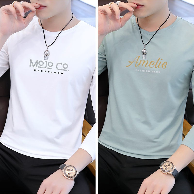 เสื้อยืด┋﹉◑2021 áo thun nam dài tay mới hàng hiệu triều bên trong ôm sát cơ thể hợp thời trang sơ mi cổ tròn vải cotton