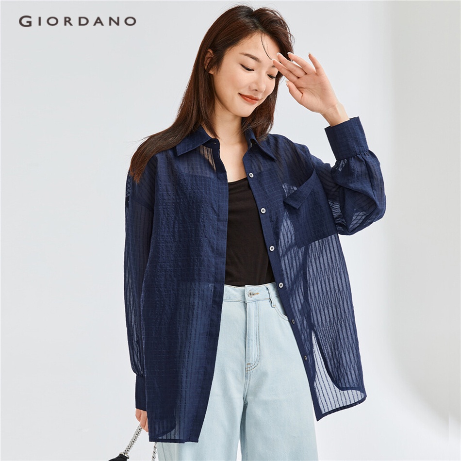 Áo sơ mi nữ dài tay form rộng thẩm thấu cá tính sọc ngang trả trung mùa hè GIORDANO 18342001