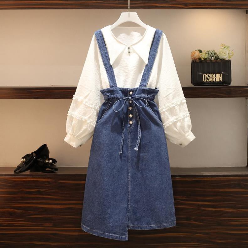 🌸Hàng Order🌸Sét Bigsize Áo Sơ Mi Tay Bồng Bèo Chun Eo Hợp Váy Jean Đính Cúc Ngọc Thắt Eo Trẻ Trung🌸Hàng Quảng Châu
