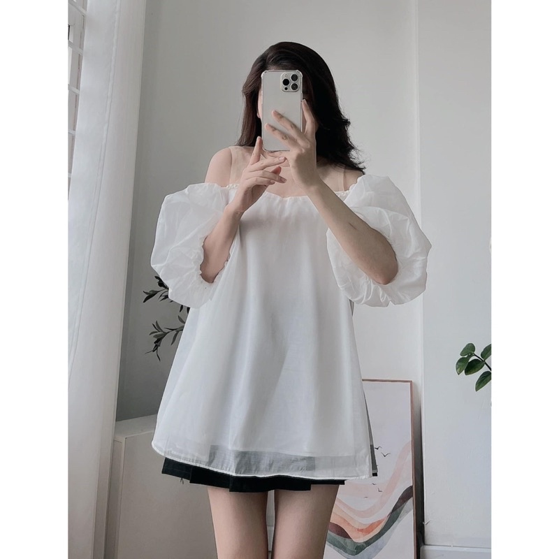 [Ảnh thật/Video]Áo babydoll trễ vai tiểu thư màu trắng xoè đính hạt  ngọc Áo trễ vai Hàn Quốc