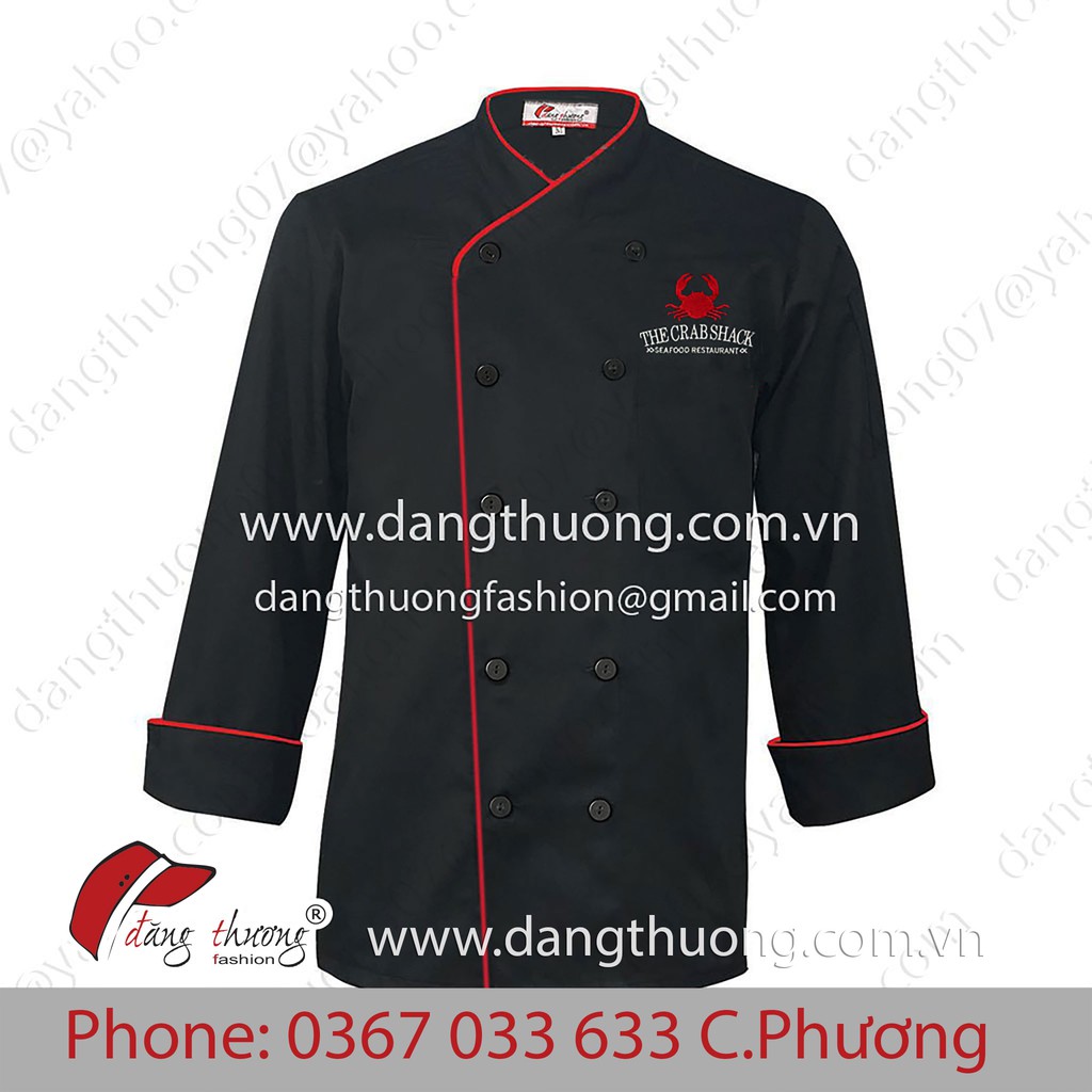 Áo Đầu Bếp Đen viền Đỏ Tay Ngắn Tay Dài Chef Coat Jacket - Đồng phục nhà hàng