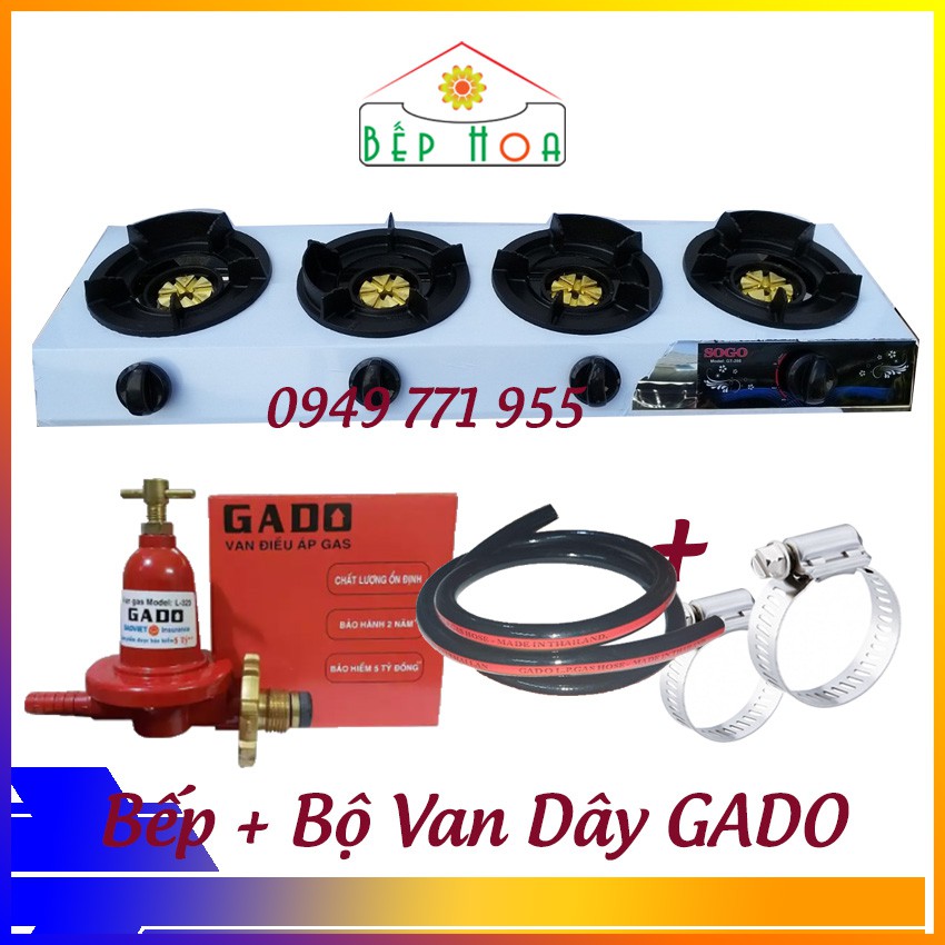 BẾP GAS CÔNG NGHIỆP KHÈ SOGO 4 LÒ GT-208S4 KÈM BỘ VAN DÂY CAO ÁP - Lửa xanh mạnh - BH 1 năm - Bếp Hoa
