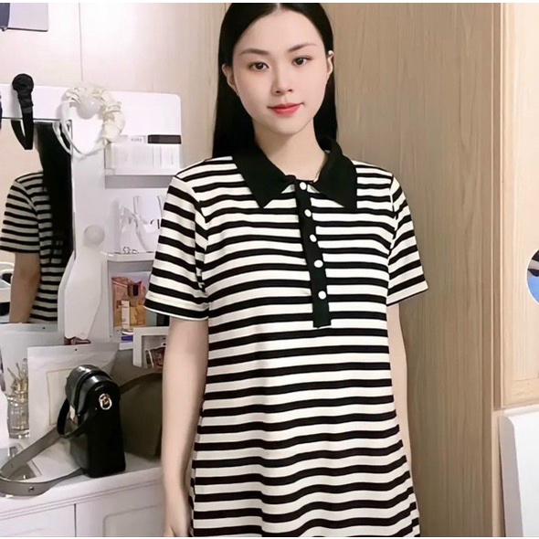 Đầm Bầu Váy Bầu Kẻ Ngang Cổ Sơ Mi Thời Trang Công Sở Xinh Xắn M432 Mom and Baby