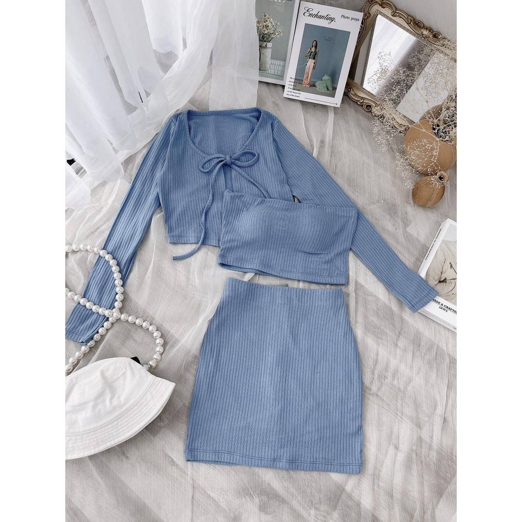 Set 3 món khoác ngoài cột dây + Áo croptop xanh + Chân váy ôm
