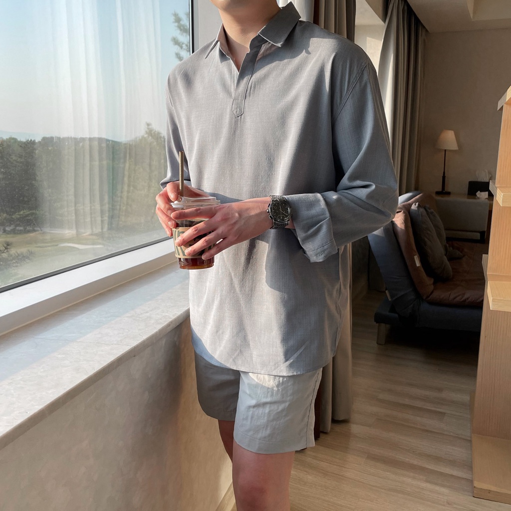 Áo sơ mi linen cổ chữ V form rộng hàn quốc, chất vải thoáng mát,không nhăn,thấm hút mồ hôi tốt - SEOUL