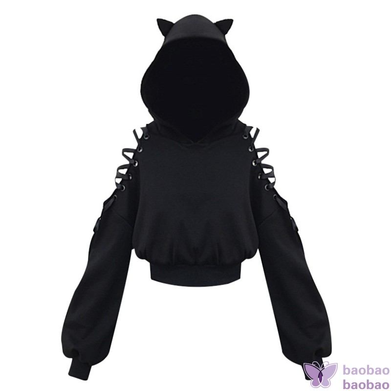 Áo Hoodie Màu Đen Dáng Rộng Phối Tai Mèo Dễ Thương Phong Cách Harajuku Cho Nữ