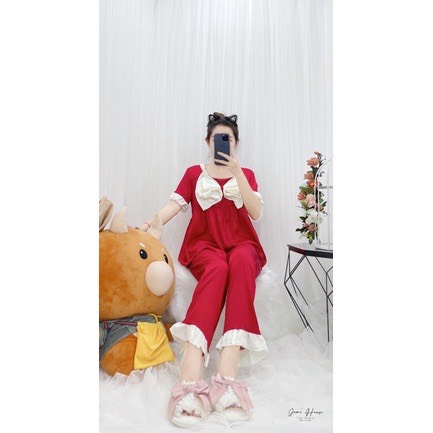 Đồ Ngủ pijama Nữ,Đồ Bộ Nữ phối nơ cổ vuông quần dài tay ngắn