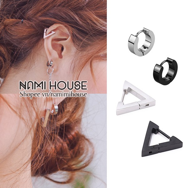 Bông tai nam nữ khoen hình tam giác và khoen tròn nhỏ không rỉ sét phụ kiện trang sức unisex hot trend kpop - nami house