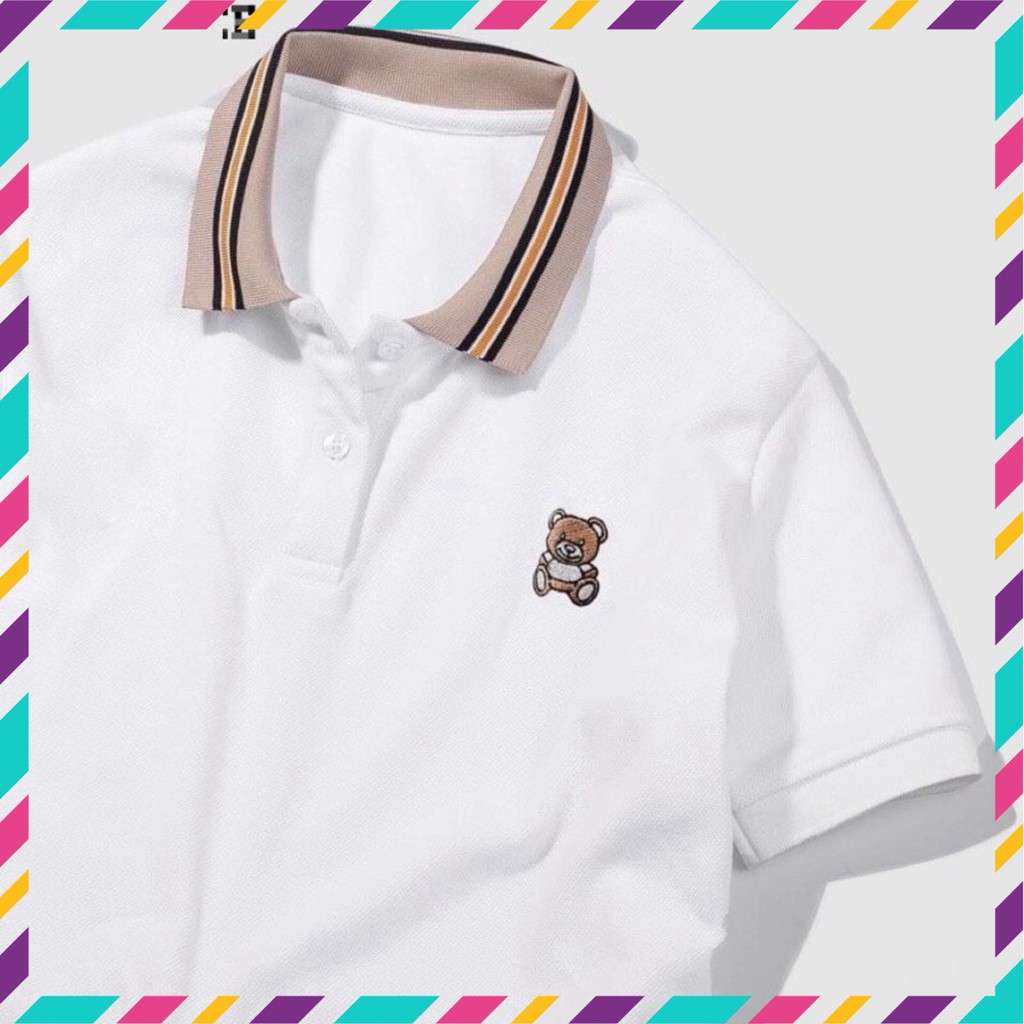 [HÀNG VNXK ] Áo Phông Polo Gấu Nâu Màu Trắng Viền Cổ Chất Liệu Thun Cá Sấu Thấm Hút Mồ Hôi Tốt