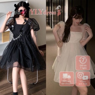 Váy đầm nữ cộc tay babydoll voan tay bồng trắng đen freesize cổ vuông dáng xòe ngắn tiểu thư hàn quốc ulzzang C779
