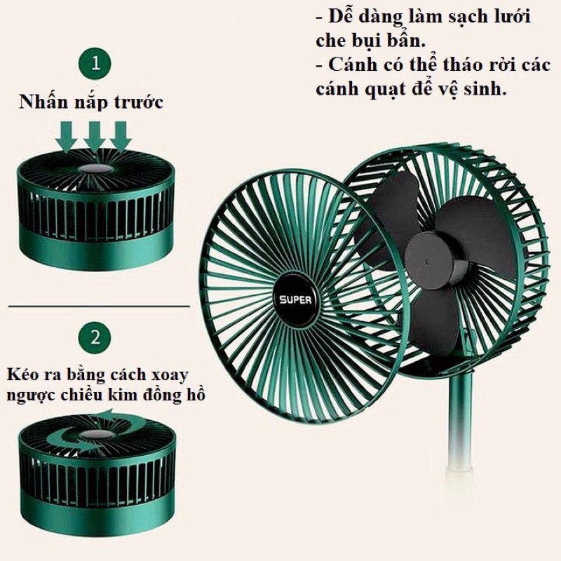 Quạt Tích Điện Mini gấp gọn - Quạt Mini Để Bàn Xoay 180 Độ, 3 Tốc Độ Gió, Pin Sạc USB Ở Bàn,Ô tô, Treo tường